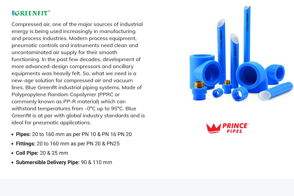 Prince PPR Greenfit and Blue polypropylene pipes for hot cold water and industrial use